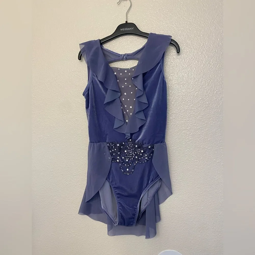 WEISSMAN solo Dance Costume Ruffle blue Velvet lyrical dress V12278 MA adult